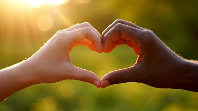 Symbolizing universal love and unity, diverse hands beautifully connect to form a heart shape against a warm, sunlit backdrop, embodying peace and shared human connection