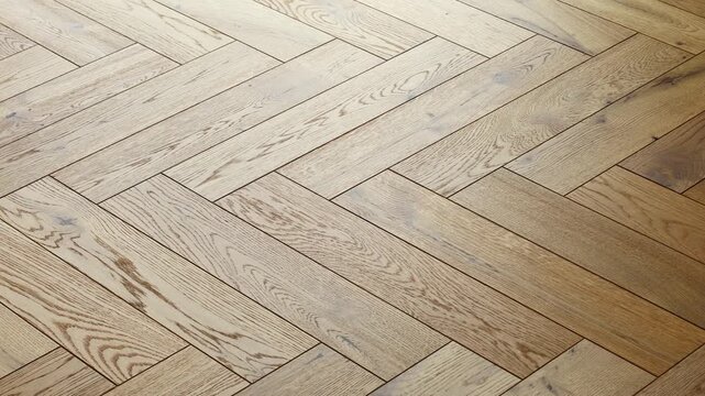 Natural oak parquet flooring with herringbone pattern, wooden hardwood surface texture, rustic interior background, diagonal plank structure.