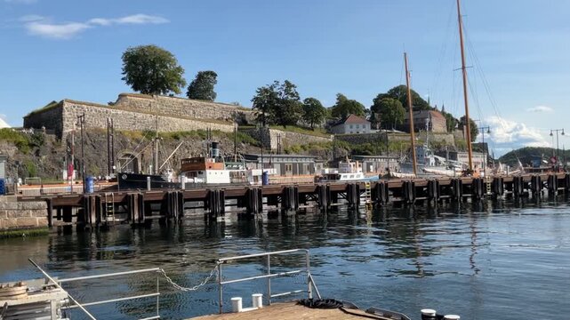 Akershus fortress in Oslo, Norway. The old 14th century fortress is perched on a hill in downtown Oslo and is a popular tourist destination.