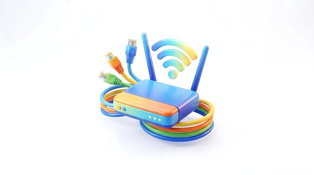 3D internet router with colorful network cables and wifi.
