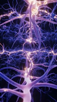 3D medical illustration of a neural network with glowing electrical impulses traveling through synapses of blue nerve cells, showing brain activity and nervous system connectivity.