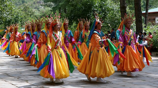 Bhutanese dancers in vibrant traditional costumes performing a folk ritual outdoors during daylight