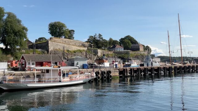 Akershus fortress in Oslo, Norway. The old 14th century fortress is perched on a hill in downtown Oslo and is a popular tourist destination.