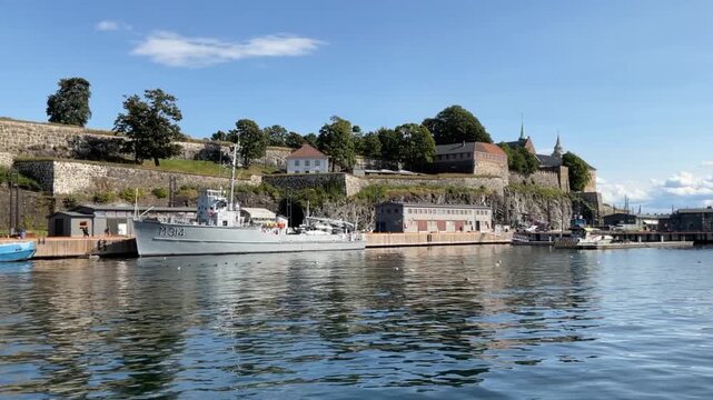 Akershus fortress in Oslo, Norway. The old 14th century fortress is perched on a hill in downtown Oslo and is a popular tourist destination.