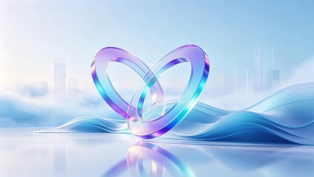 Gradient transparent glass infinite heart shape symbol on soft blue wavy background represents love and forever romantic connection concept