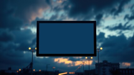 Fototapeta premium Billboard against dramatic sky. Dark silhouette buildings visible below. Bright sunset colors illuminate clouds. Empty screen awaits message.
