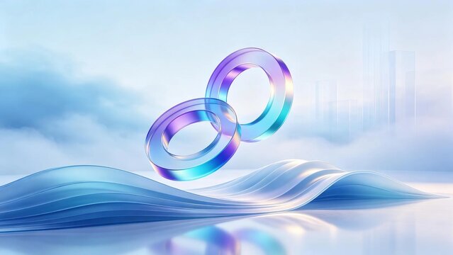 Two interlocking gradient transparent glass rings on soft blue wavy background represents connection and interaction abstract modern design