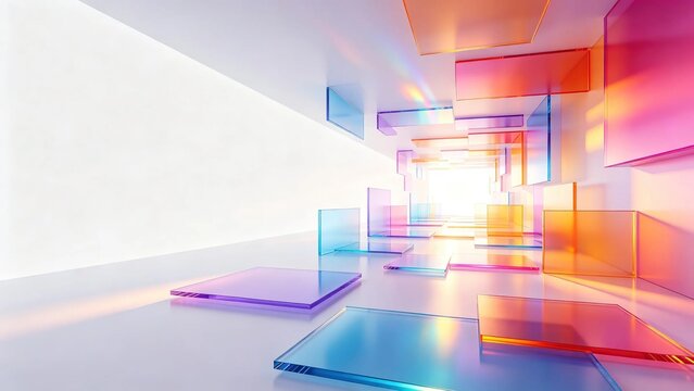 Colorful gradient transparent glass square panels arranged in corridor leading to bright white light abstract modern geometric space design