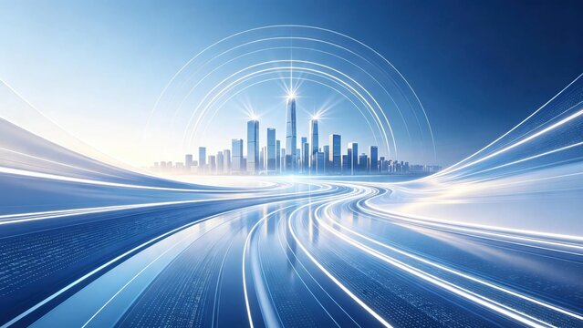 Winding glowing light path leads to modern city skyline on blue digital background represents future urban development and technology progress concept