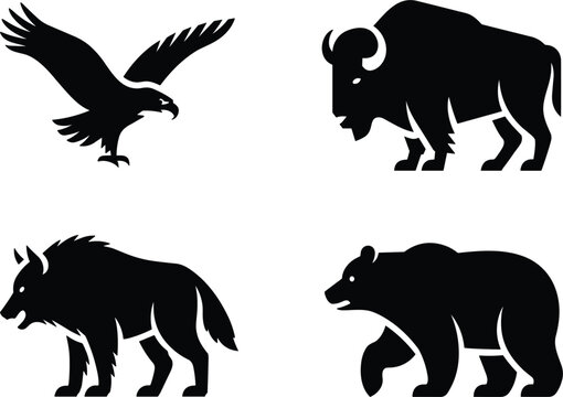 Wild animals silhouette vector logo set, predatory eagle bison wolf and bear icons isolated on white background