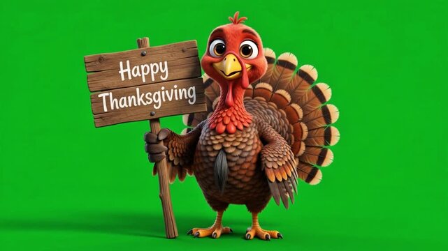 Cute Turkey Holding Happy Thanksgiving Sign on Green Screen Studios 4k