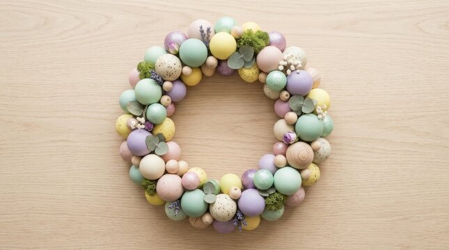 Beautiful handmade Easter wreath decorated with pastel colored wooden spheres and natural elements placed on a light wooden background surface