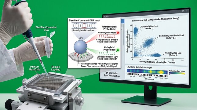 Scientist performing DNA methylation array analysis with laboratory equipment and software