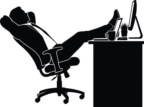 Relaxed businessman silhouette with feet resting on office desk beside computer, concept of work life balance, success, and break time for corporate banners and workplace presentations