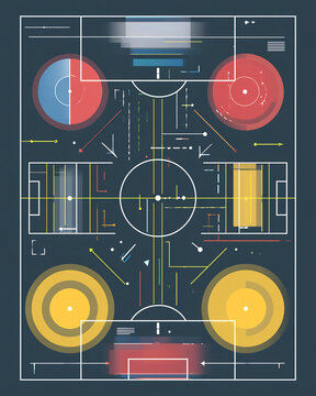 Abstract soccer field strategy diagram with colorful player movements