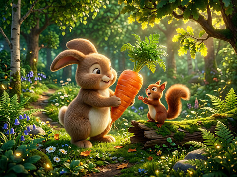 Cute fluffy rabbit holding big fresh carrot and small squirrel in magical forest