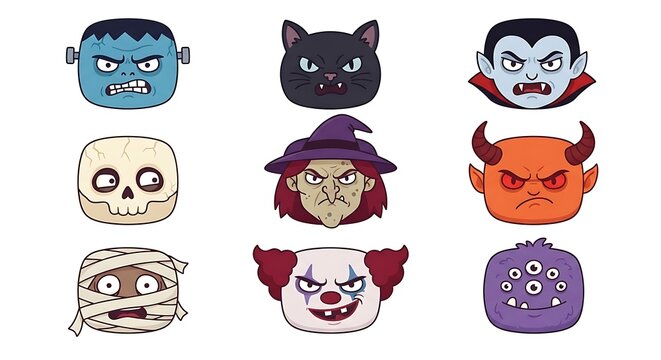 Spooky halloween character icon collection featuring monster, vampire, witch, devil, mummy, clown and zombie