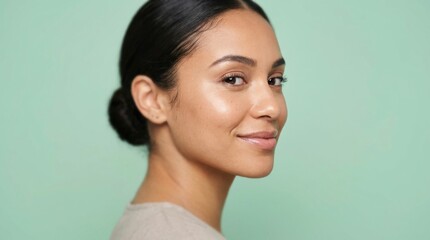 Fototapeta premium Beautiful young woman with flawless glowing skin and a gentle smile standing against a soft pastel green background showcasing natural cosmetics