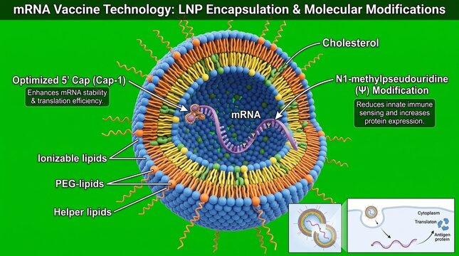 MRNA Vaccine Technology with Lipid Nanoparticle LNP Encapsulation and Molecular Structure