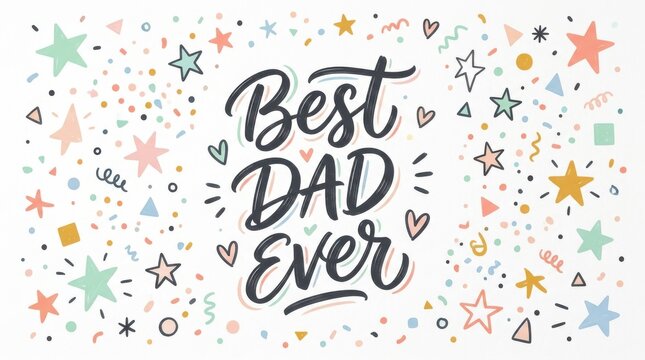Best Dad Ever Handwritten Lettering Typography Greeting Card Design With Colorful Confetti Stars Hearts And Festive Elements For Father Day