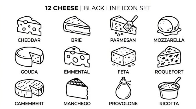 Twelve Assorted Cheese Types Arranged in Black Line Icon Set Illustration.