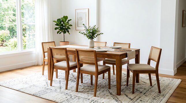 Modern dining room with wooden furniture.