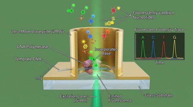 Single-molecule real-time DNA sequencing technology diagram with fluorescent light pulses