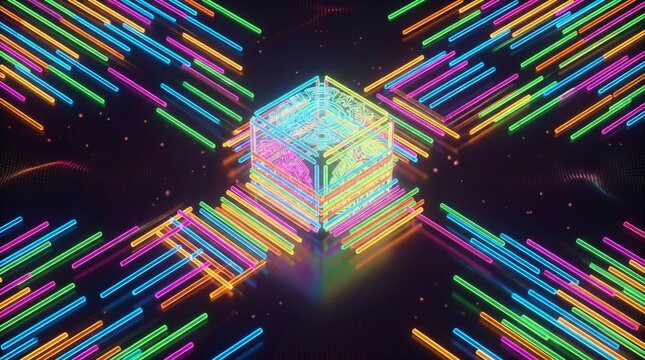 Cubo de ne&oacute;n futurista con patrones prehisp&aacute;nicos y circuitos luminosos, concepto de tecnolog&iacute;a y Mes de la Herencia Hispana.