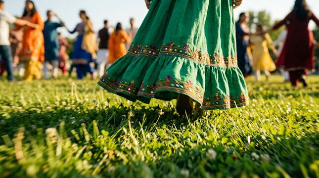 Mujer con falda tradicional verde bailando en festival cultural al aire libre sobre c&eacute;sped, personas celebrando danza folcl&oacute;rica en comunidad.