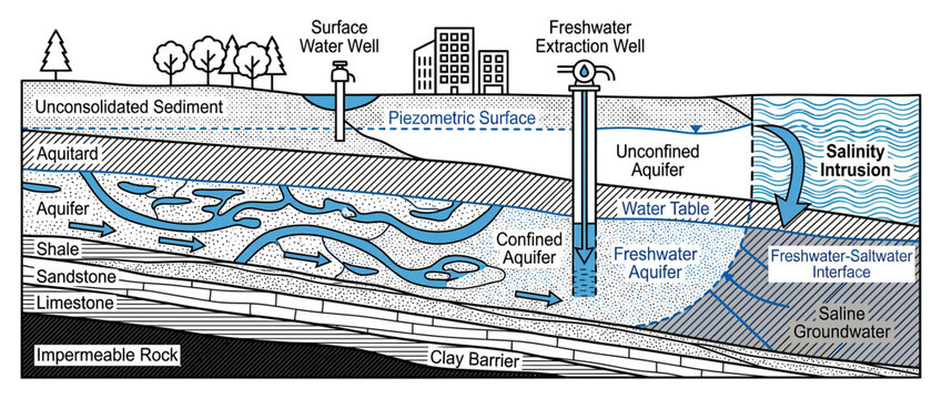 Groundwater Aquifer Layers and Extraction Diagram