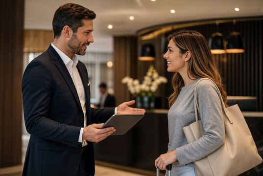 Hotel manager assists guest in boutique hotel lobby, resolving service concern through professional communication, hospitality management, customer care and guest satisfaction with copy space.
