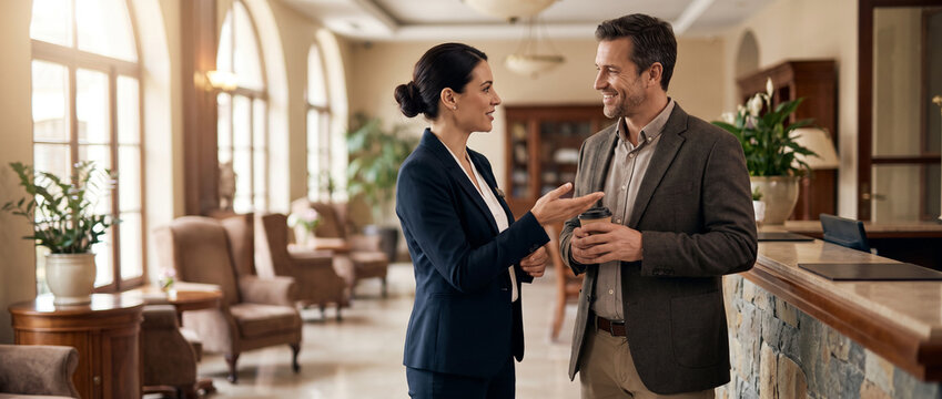 Hotel manager assists guest in boutique hotel lobby, resolving service concern through professional communication, hospitality management, customer care and guest satisfaction with copy space.