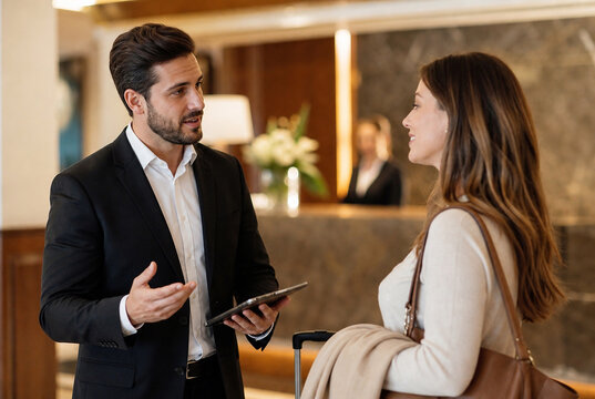 Hotel manager assisting guest in boutique hotel lobby