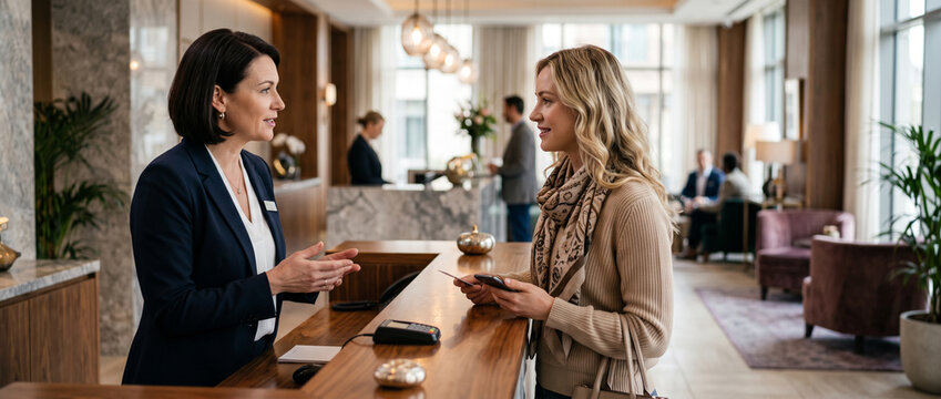 Hotel manager assists guest in boutique hotel lobby, resolving service concern through professional communication, hospitality management, customer care and guest satisfaction with copy space.
