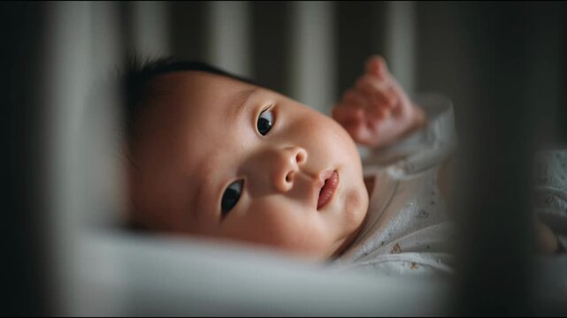 Close-up of a cute newborn baby lying in a crib looking around with curiosity before sleeping