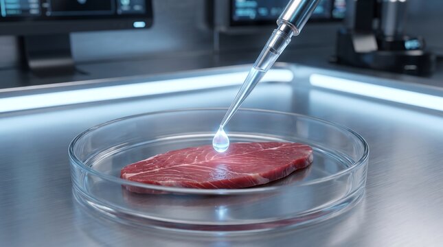 Lab grown meat concept, raw beef steak in petri dish with pipette dropping blue liquid in futuristic laboratory