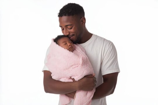 Loving black father tenderly holding and kissing his sleeping newborn baby on a white background
