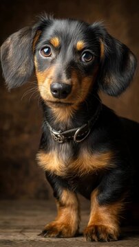 Adorable black and tan dachshund puppy sitting and blinking slowly with a curious expression