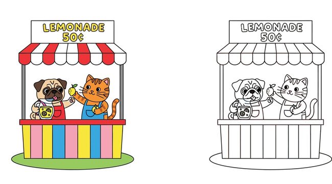Cute Cartoon Cat and Dog Lemonade Stand Vector Illustration and Coloring Page Set for Kids Education and Small Business Concept
