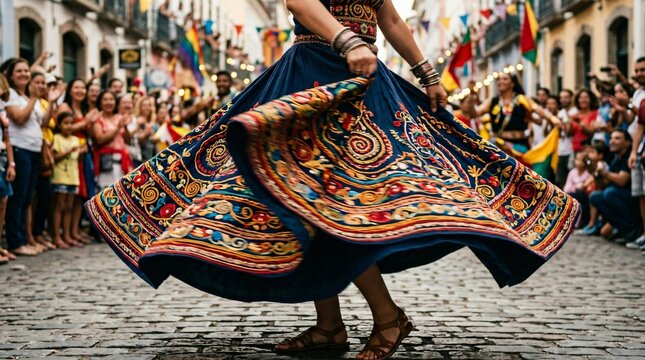 Mujer bailando danza folcl&oacute;rica con falda tradicional bordada en festival callejero, celebraci&oacute;n del Mes de la Herencia Hispana y cultura latina.
