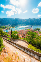 Kotor Bay and the Old Town Kotor from the ancient San Giovanni fortress walls, featuring the...