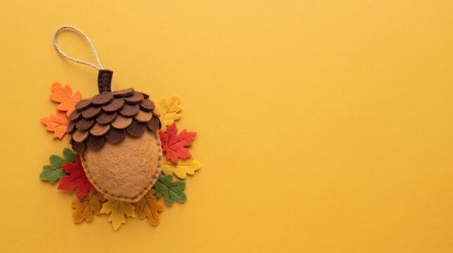 A handmade felt acorn ornament decoration with colorful fabric autumn leaves on a warm yellow background for a festive fall season concept