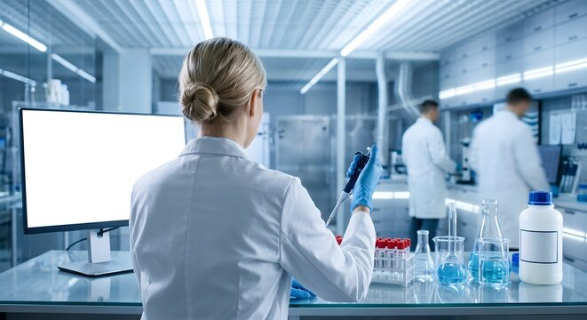 Scientist performing analysis with pipette and test tubes in modern research laboratory with equipment.