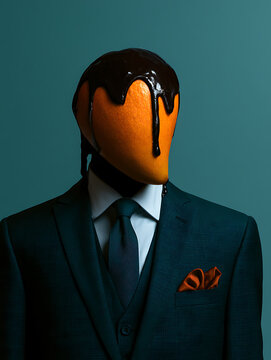 A mannequin wearing a dark blue-green suit, with a head shaped like a ripe mango