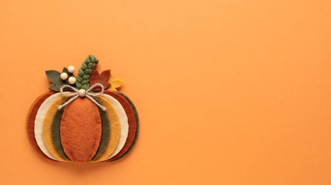 Decorative felt pumpkin craft with autumn leaves and a small bow on an orange background for thanksgiving and fall season holiday celebration