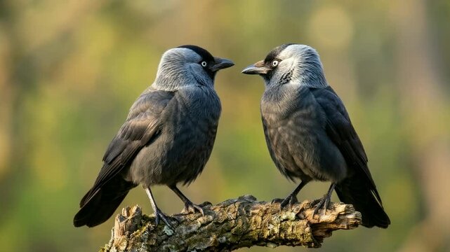 two jackdaws close up at morning light in yorkshire england woodland video