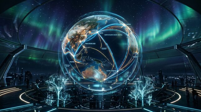 Globo terr&aacute;queo hologr&aacute;fico con redes de datos globales en observatorio futurista bajo una aurora boreal.