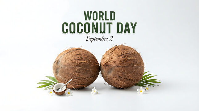 "WORLD COCONUT DAY" is displayed in dark bold font, with "September 2" written beneath in smaller cursive script.
