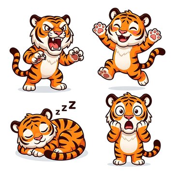 Cute cartoon tiger character sheet showing four expressive emotions, from cheerful and playful to angry, sad, and sleepy, isolated on a clean white background.