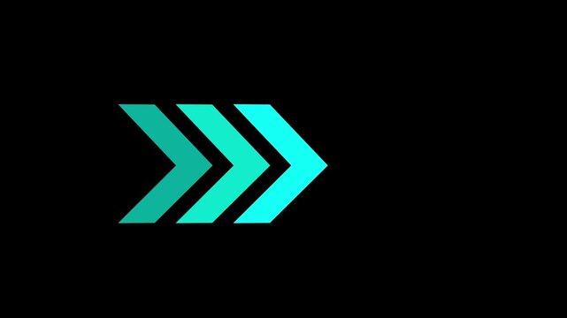 3D cyan glowing double right arrows symbolizing forward progress and digital movement on dark background